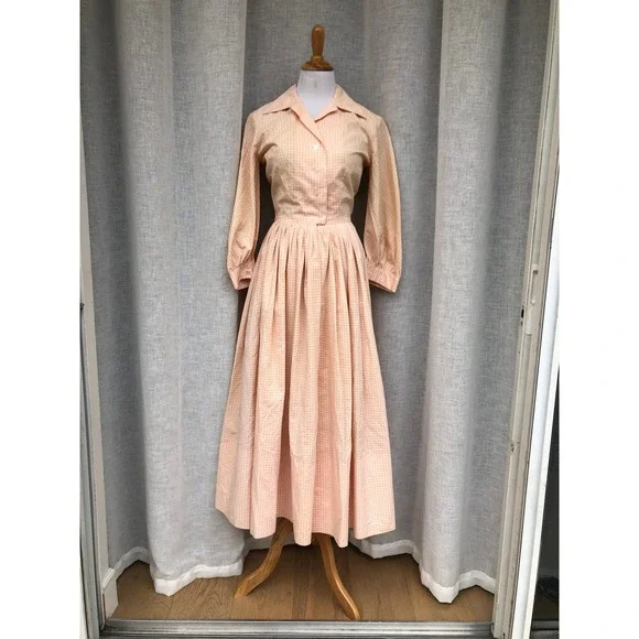 1950 I. Magning Cotton Peach Cream houndstooth Maxi Dress Museum Collection